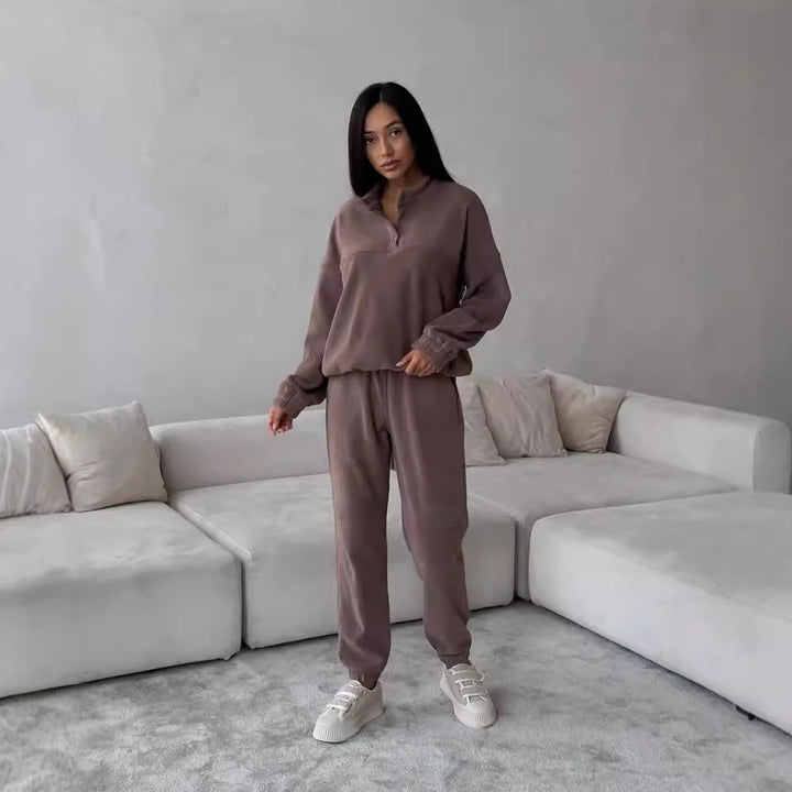Women's Oversized Fleece Set with Henley Collar and Soft Jogging Pants Mune Fashion