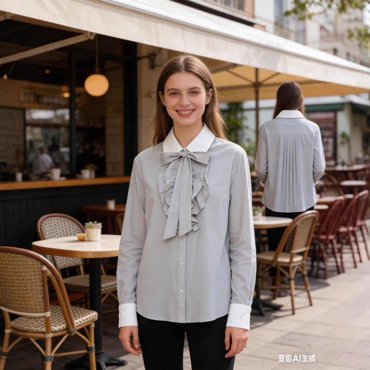 Ladies Striped Blouse with Bow Collar, Ruffle Front and Contrast Cuffs Mune Fashion