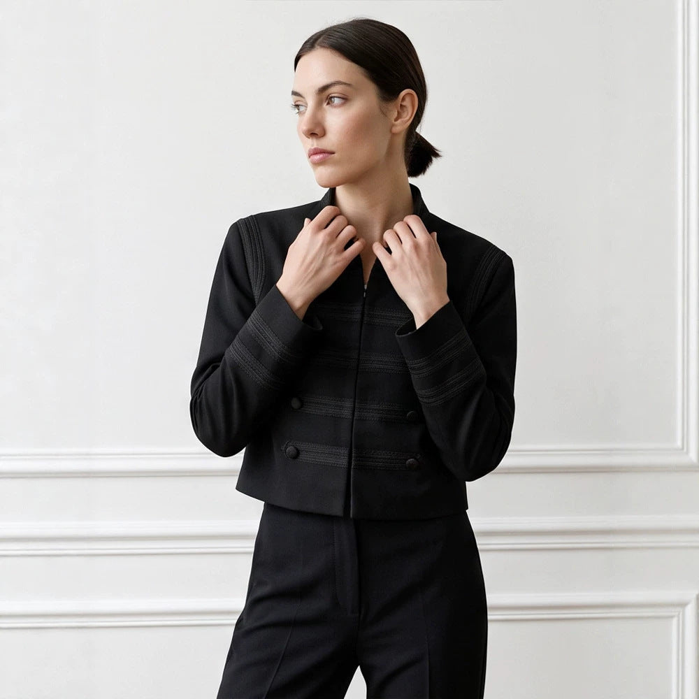 Women's cropped military-style jacket with double-breasted and decorative quilting details Mune Fashion