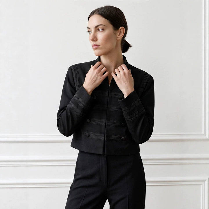 Women's cropped military-style jacket with double-breasted and decorative quilting details Mune Fashion
