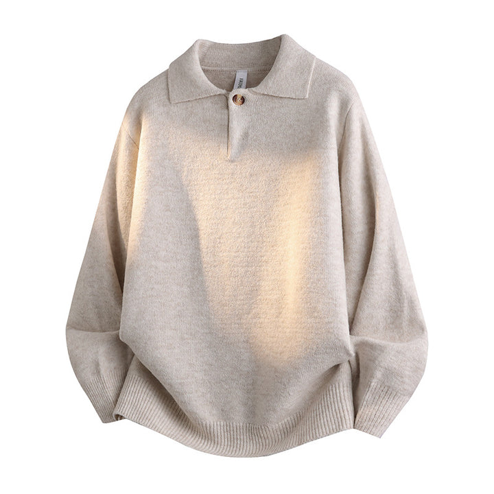 Women's Oversized Polo Collar Fine Knit Sweater with Short Slit and Decorative Button Mune Fashion