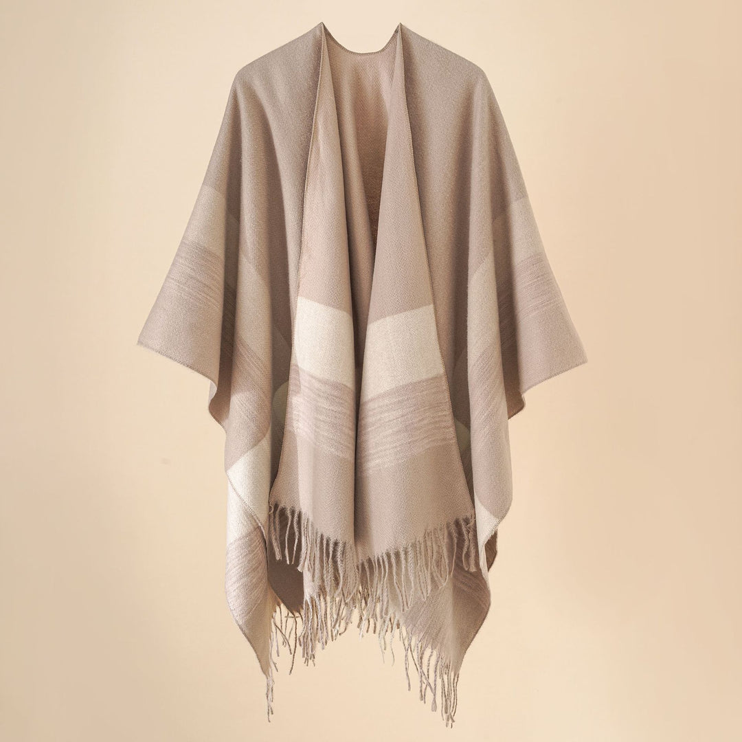 Women's Wool Blend Poncho with Check Pattern and Fringing Mune Fashion