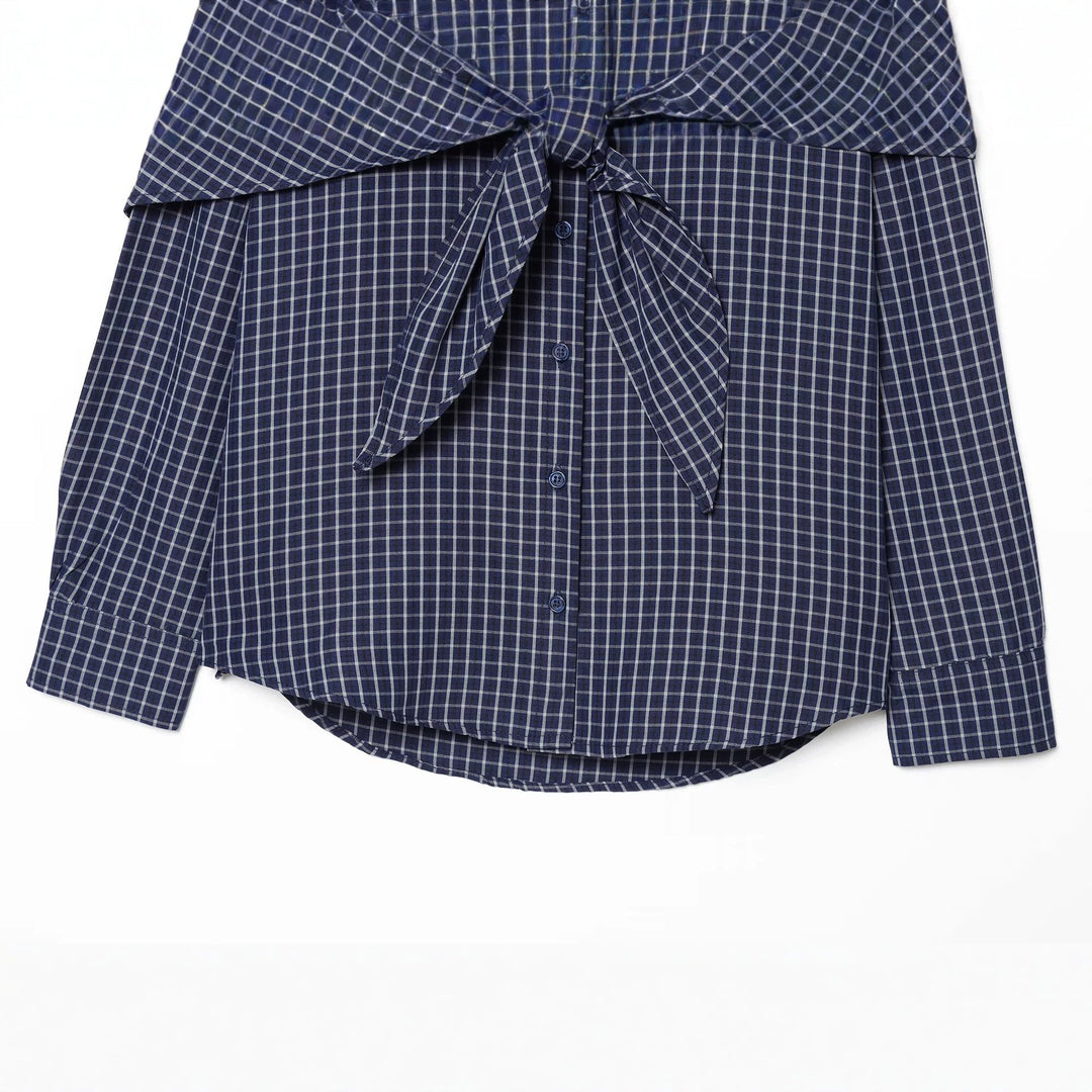 Ladies Checked Oversized Shirt with Large Knot Detail and Wide Shoulder Cape Mune Fashion