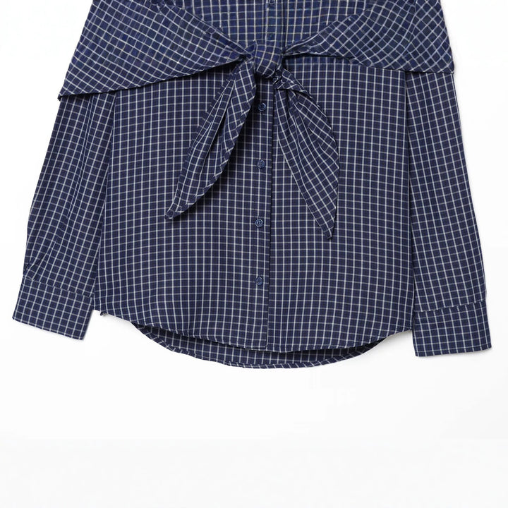 Ladies Checked Oversized Shirt with Large Knot Detail and Wide Shoulder Cape Mune Fashion