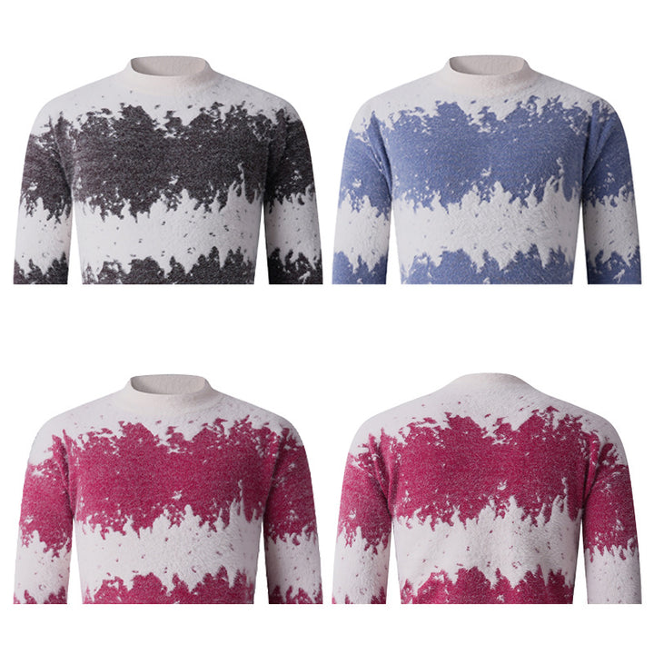 Men's Patterned Fine Knit Sweater with Light Stand-Up Collar and Mohair Look Mune Fashion