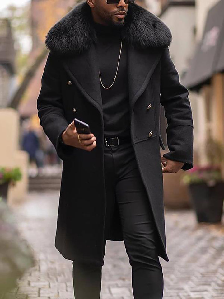 Men's Double-Breasted Wool Coat with Large Faux Fur Collar Mune Fashion