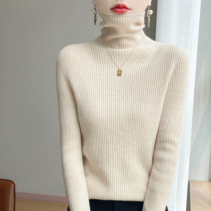 Women Slim Ribbed Knit Turtleneck Sweater with Ruffled Neck and Cashmere-like Feel Mune Fashion