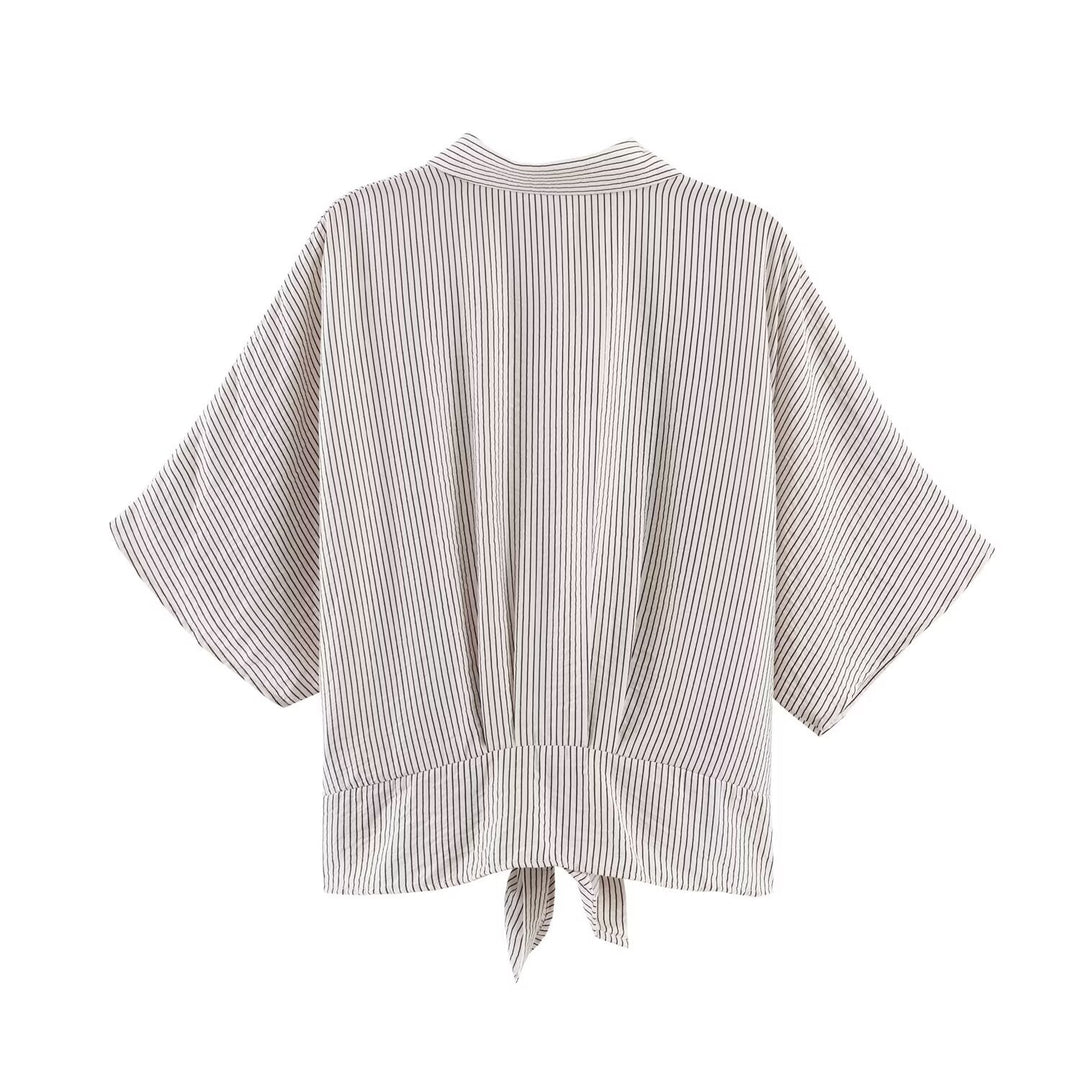 Women Striped Oversize Blouse with Kimono Sleeves and Knot Front Mune Fashion