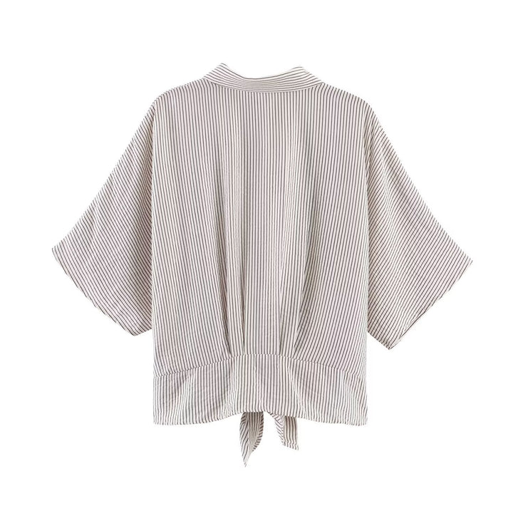 Women Striped Oversize Blouse with Kimono Sleeves and Knot Front Mune Fashion