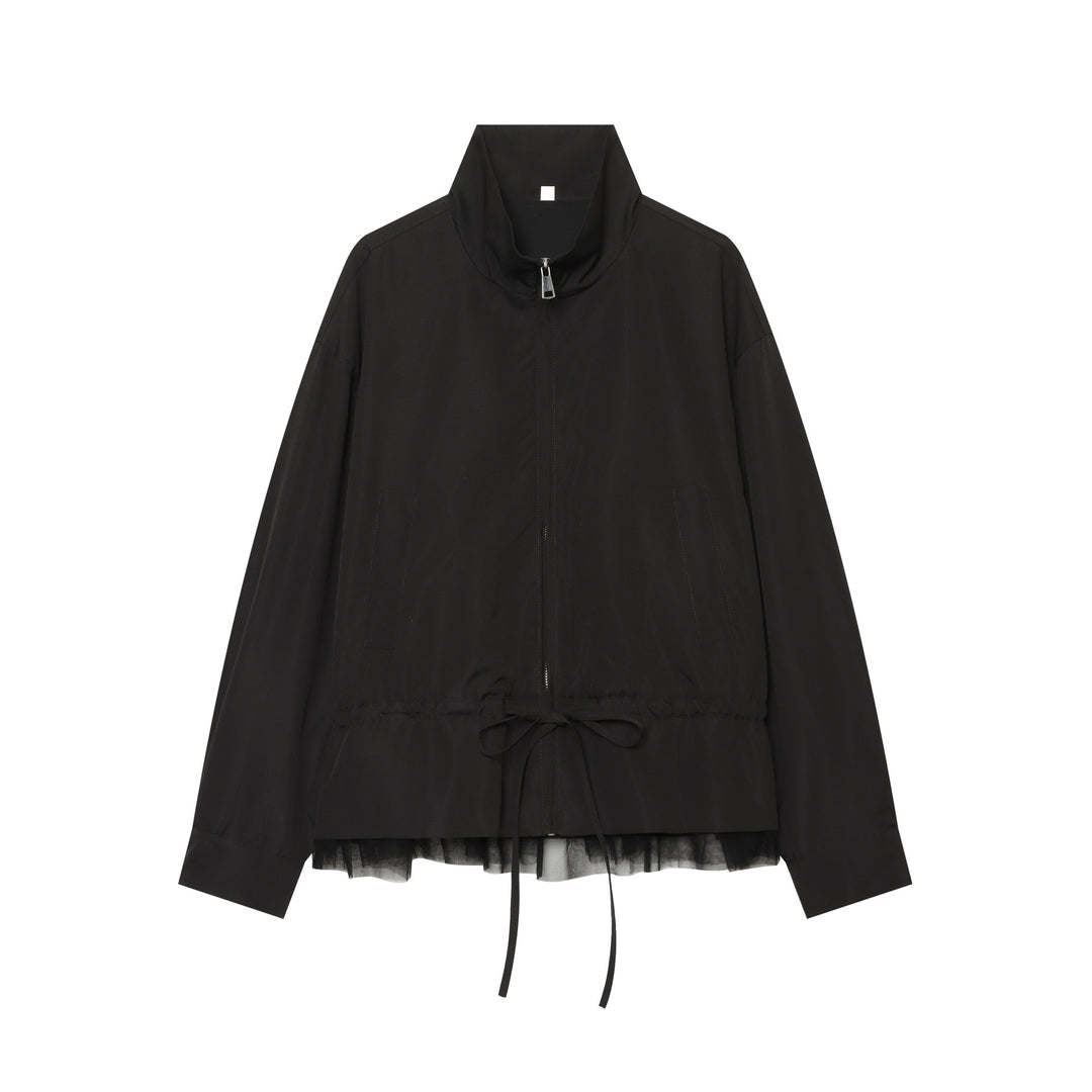 Women's lightweight adjustable windbreaker with stand-up collar, drawstring and tulle trim Mune Fashion