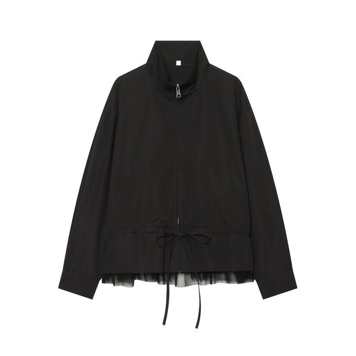 Women's lightweight adjustable windbreaker with stand-up collar, drawstring and tulle trim Mune Fashion