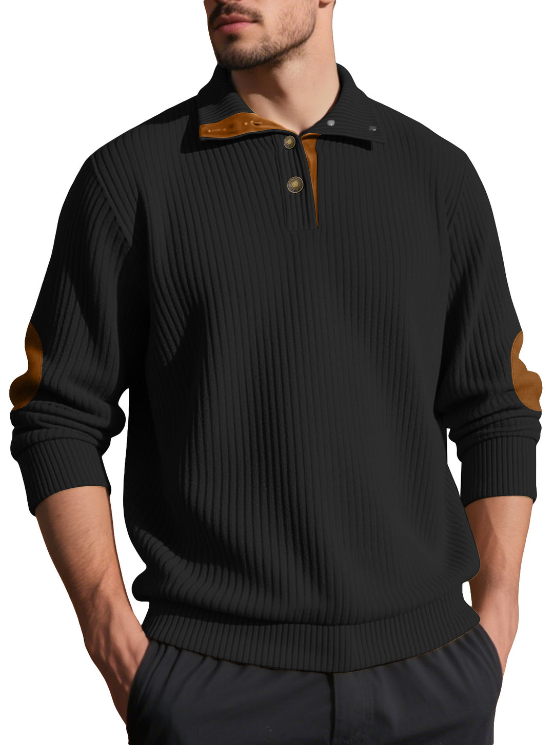 Men's ribbed half-button pullover with Kent collar and leather trim Mune Fashion