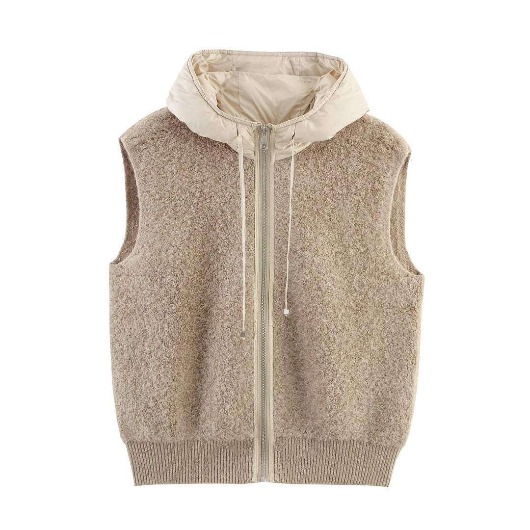 Women's Sleeveless Boucle Vest with Zipper, Padded Hood and Ribbed Hem Mune Fashion