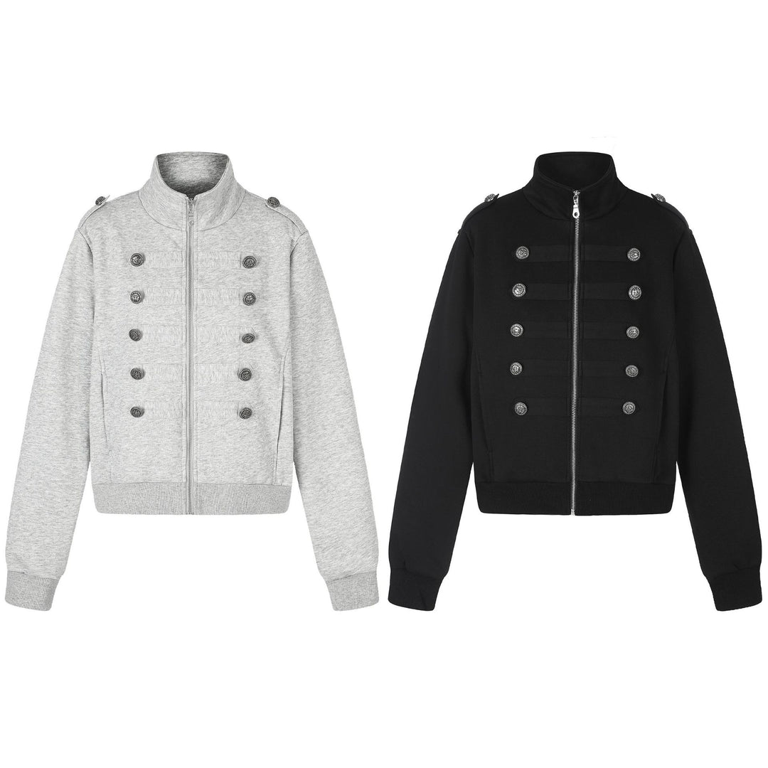 Women's Short Sweat Jacket in Military Style with Stand-Up Collar Mune Fashion