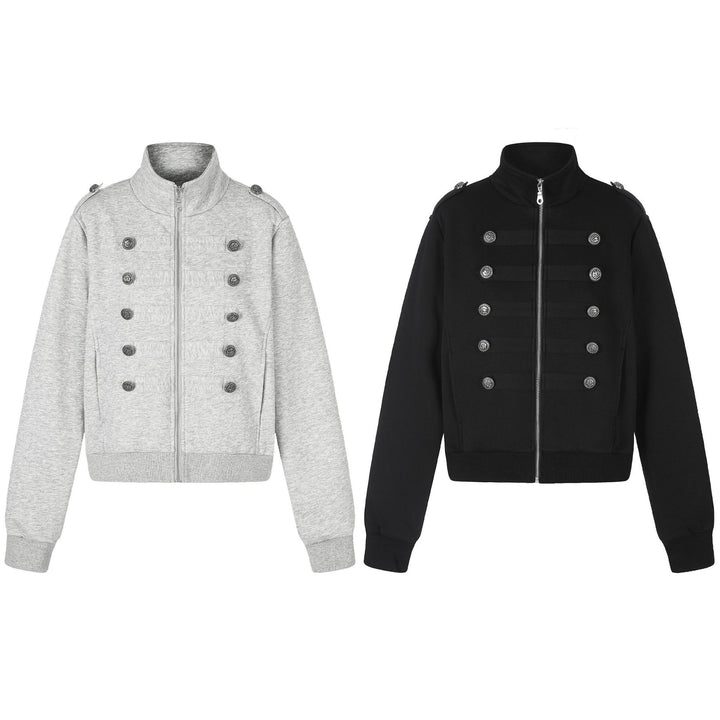 Women's Short Sweat Jacket in Military Style with Stand-Up Collar Mune Fashion