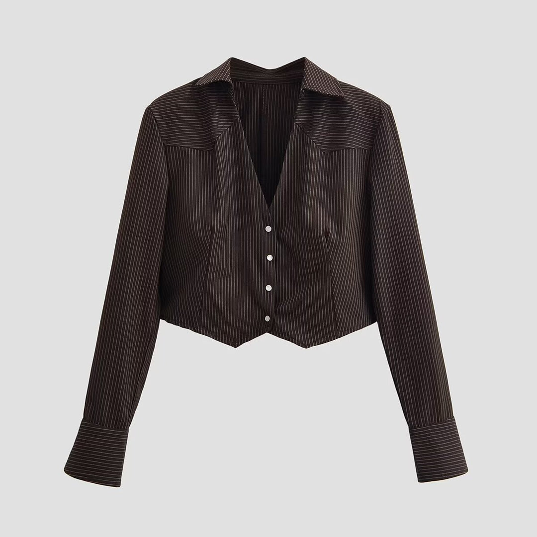 Ladies short blouse in pinstripe look with tailored cut and pointed hem Mune Fashion