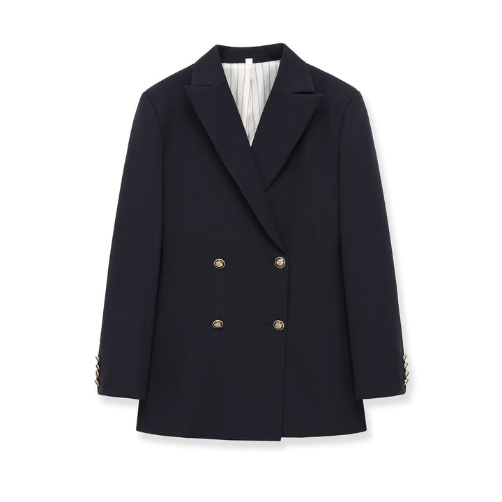 Ladies double-breasted long blazer with distinctive gold buttons and structured shoulder Mune Fashion