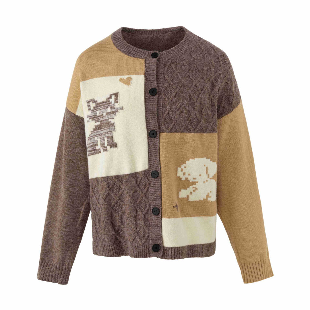 Women's knitted cardigan in patchwork look with cable pattern and round neckline Mune Fashion