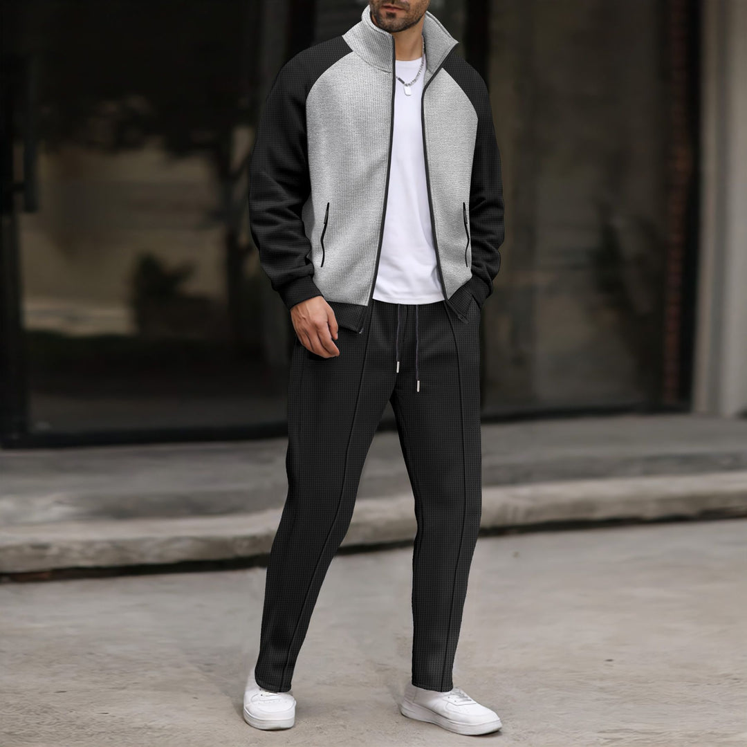 Men's Two-Tone Sports Training Jacket with Waffle Structure Stand Collar Raglan Sleeves and Hidden Zipper Pockets Mune Fashion