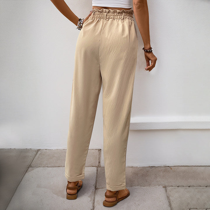 Women's High-Waisted Paperbag Pants with Elastic Waistband, Patch Pockets & Tapered Leg Mune Fashion