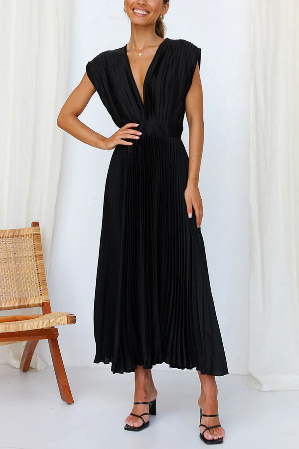 Women's Pleated Midi Dress with Deep V-Neck and Waist Belt Drune