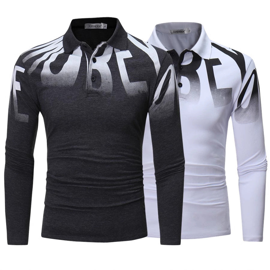 Men's Slim-Fit Long Sleeve Polo Shirt with large typographic print, stretch comfort, and tailored silhouette Mune Fashion