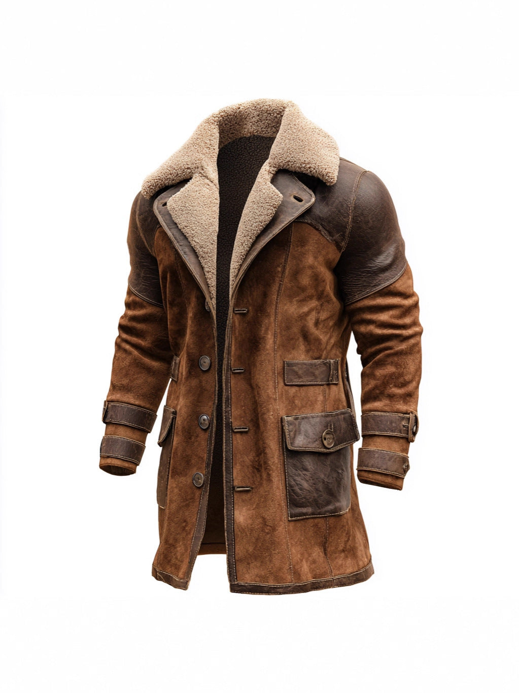 Men's Long Shearling Coat made of Suede with Leather Trim Mune Fashion
