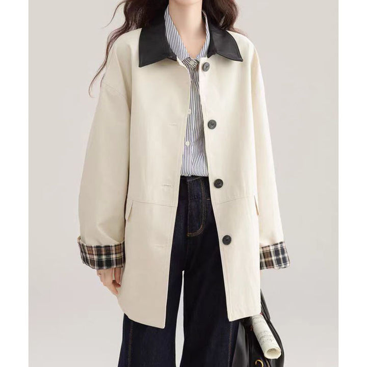Women's Short Boxy Trench Style Jacket with Contrast Collar and Adjustable Cuffs Mune Fashion