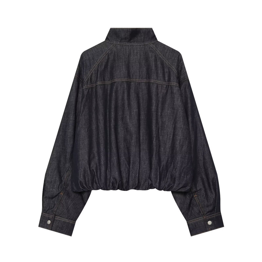Women's Jeans Cropped Blouson with Waist Belt and High Stand Collar Drune