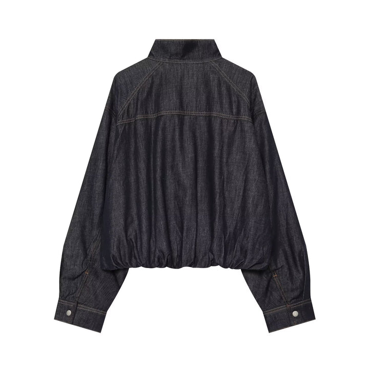 Women's Jeans Cropped Blouson with Waist Belt and High Stand Collar Drune
