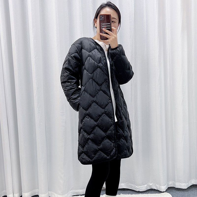 Women's Elegant Long Coat in Quilted Down Look with Diamond Quilting and Concealed Snap Button Placket Mune Fashion