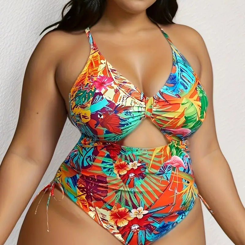 Women's One-Piece Swimsuit with Exotic Cut and Colorful Tropical Design Mune Fashion