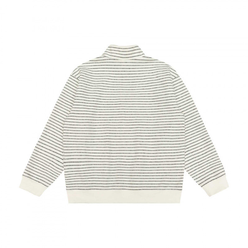 Unisex Striped Knit Zip Jacket with Stand-up Collar and Patch Pockets Mune Fashion