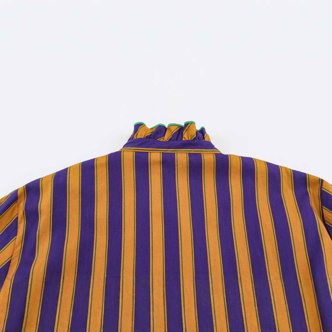 Women's Striped Blouse with Stand-up Collar, Ruffle Trim and Gathered Cuffs Mune Fashion