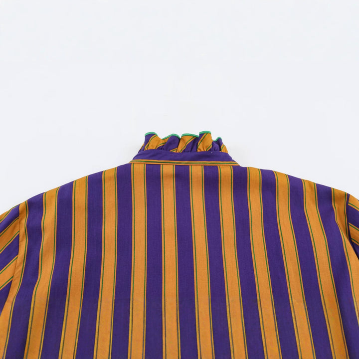 Women's Striped Blouse with Stand-up Collar, Ruffle Trim and Gathered Cuffs Mune Fashion