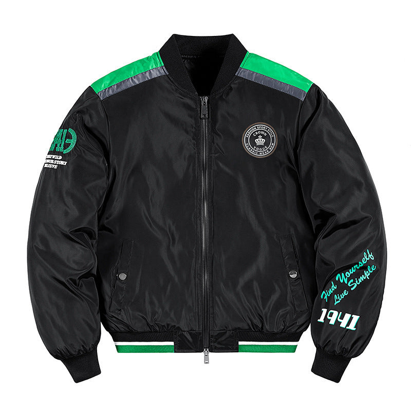 Men's Short Cut Nylon Bomber Jacket with Sporty Shoulder Piping, Logo Applications and Double Zipper Mune Fashion