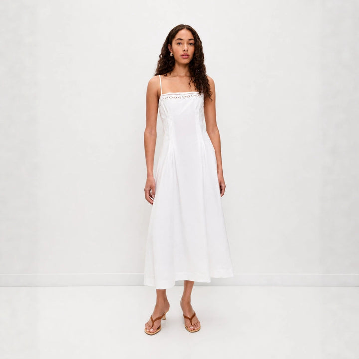 Women's Vintage-inspired Midi Dress with Slim Spaghetti Straps, Lace Insert and Flared Skirt Mune Fashion