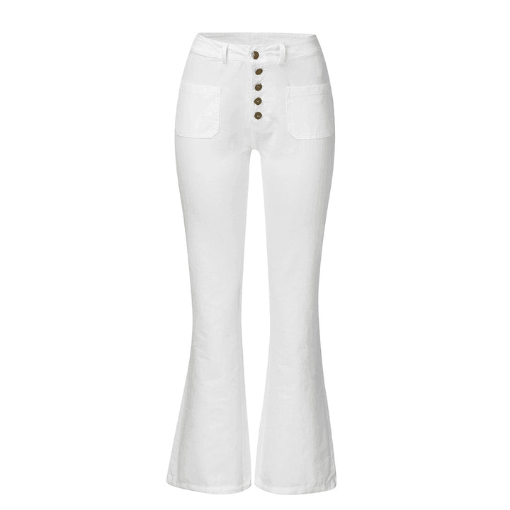 Women nan High-Waist Flared Trousers with visible button placket and applied front pockets Mune Fashion