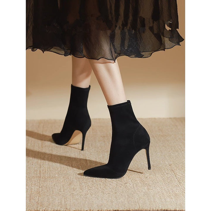 Women’s stretch sock boot with pointed toe and narrow stiletto heel