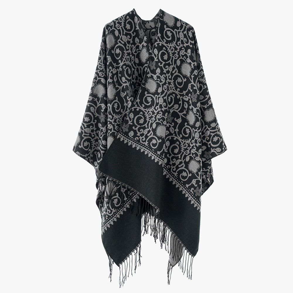 Women's Jacquard Ruana with ornamental border pattern and fringe hem Mune Fashion
