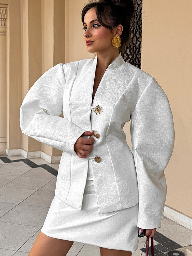 Women's Tailored Blazer Suit with Sculptural Balloon Sleeves and Mini Skirt Mune Fashion