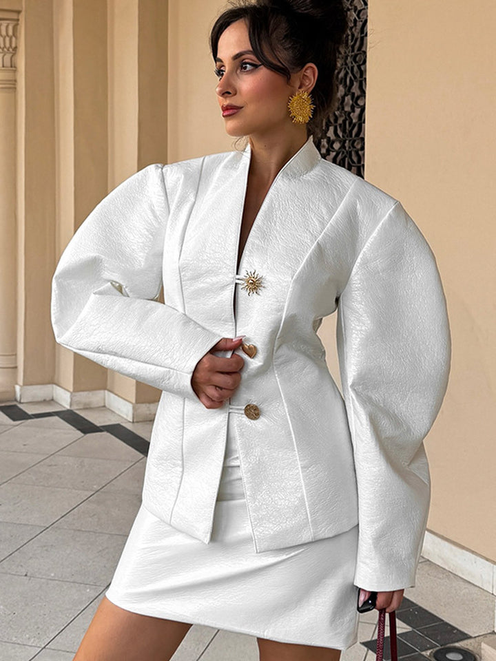 Women's Tailored Blazer Suit with Sculptural Balloon Sleeves and Mini Skirt Mune Fashion