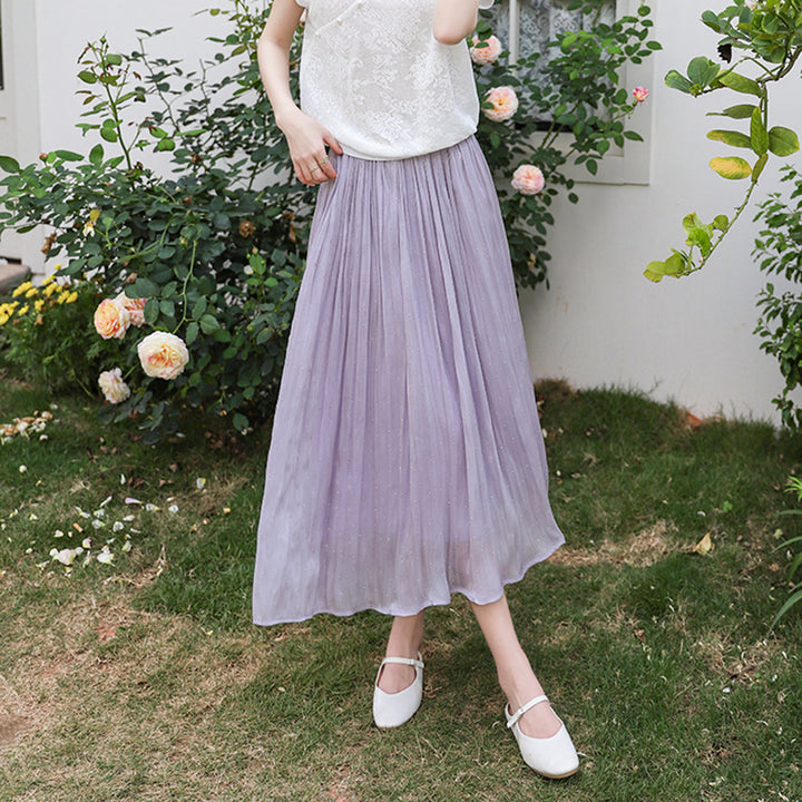 Women's pleated maxi skirt with subtle rhinestone details and elasticated comfort waistband Mune Fashion