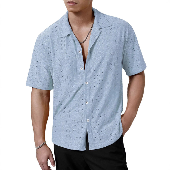 Men's short-sleeve casual shirt with openwork embroidery, lapel collar and relaxed fit Mune Fashion