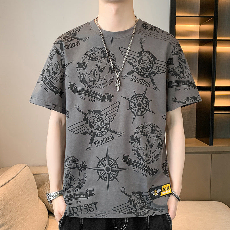 Men's Oversize Print T-Shirt with Allover Nautical Logos and Crew Neck Mune Fashion