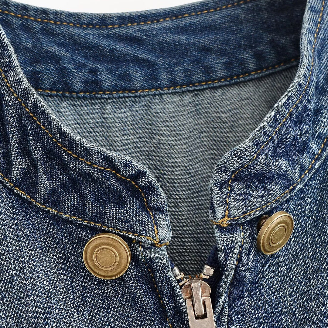 Ladies' denim jacket in military style with stand-up collar, double decorative button placket and epaulettes Mune Fashion