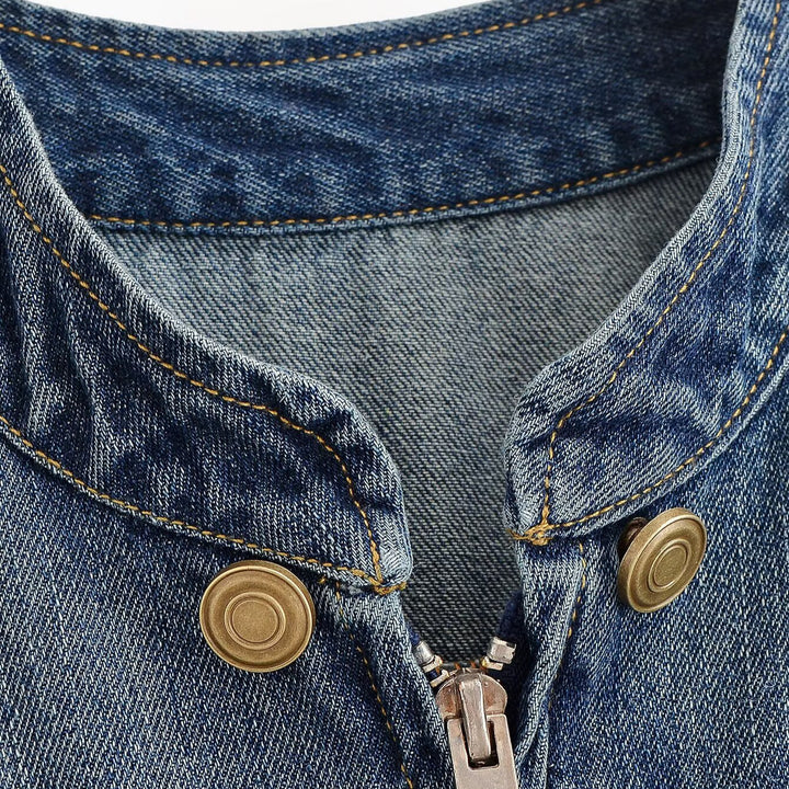 Ladies' denim jacket in military style with stand-up collar, double decorative button placket and epaulettes Mune Fashion