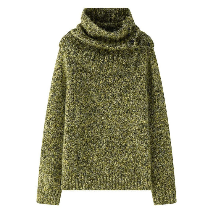 Women’s Fluffy Chunky Knit Sweater with Button Turtleneck Mune Fashion