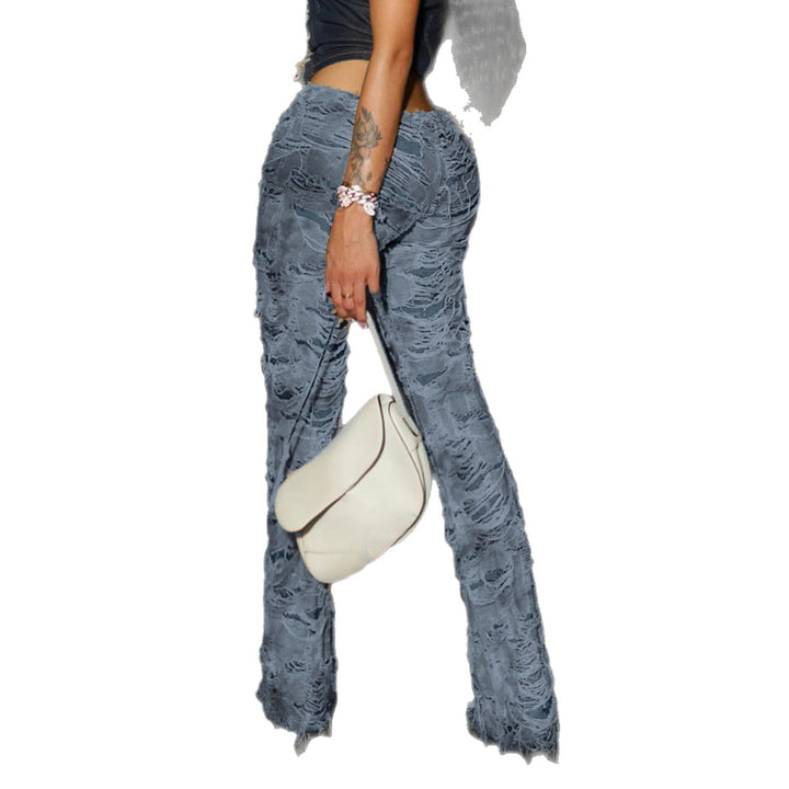 Women's flared high-waisted trousers with stretchy denim look and frayed destroyed structure Mune Fashion