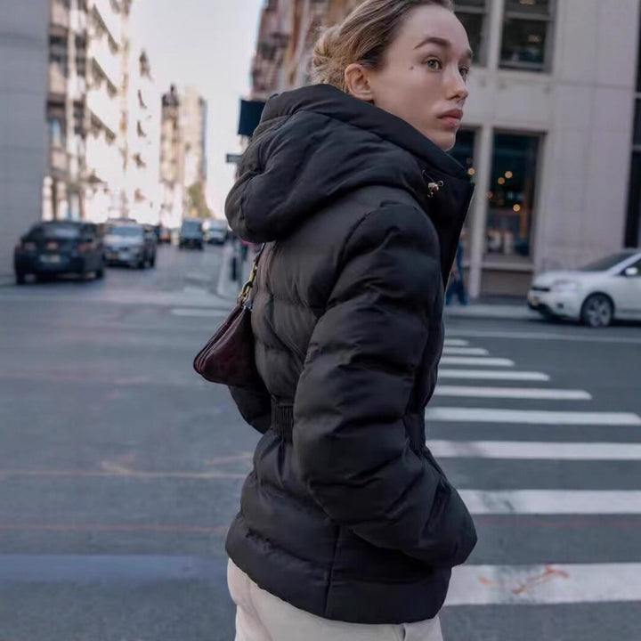 Women's Shiny Down-Look Quilted Jacket with Hood and Tailored Drawstring Belt Mune Fashion